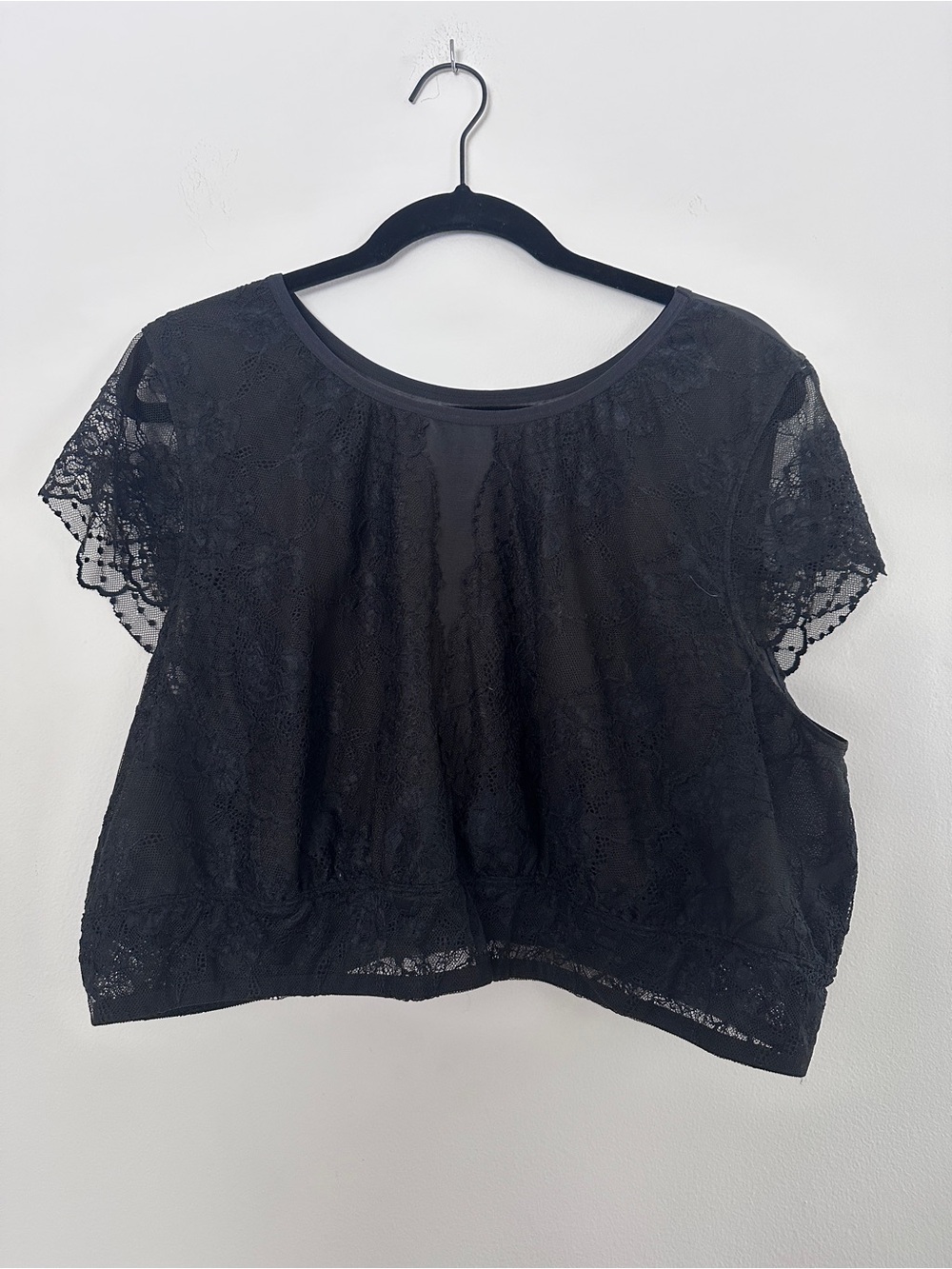 Cacique Black Lace Sheer Cap-Sleeve Women's Crop